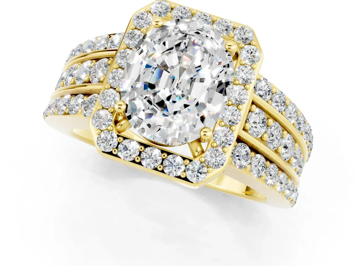 Oval Cut Halo Moissanite Ring with Round Split Shank and Prong Setting Yellow gold
