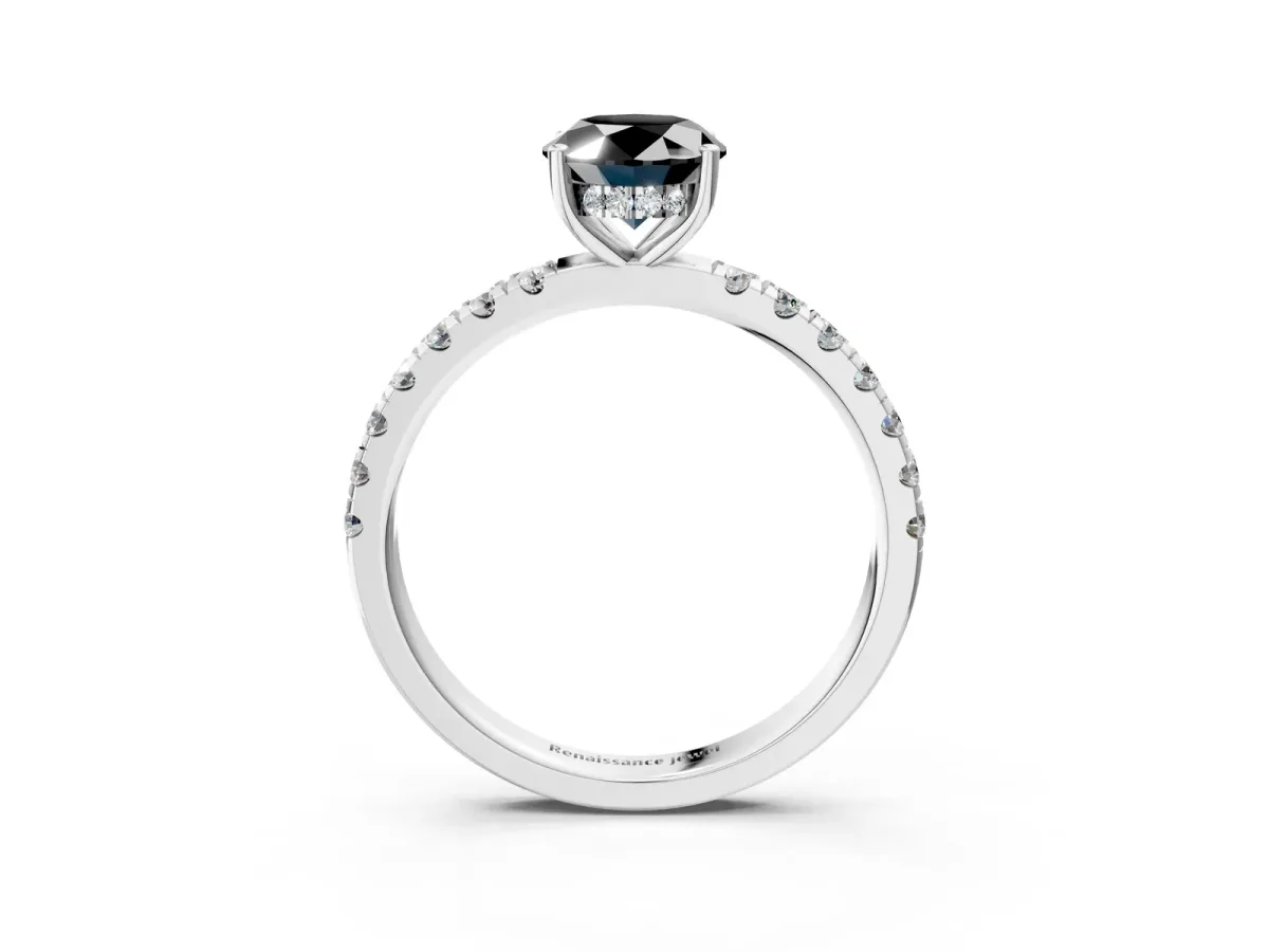 Fancy Black Oval Cut Diamond Pave Band Solitaire Ring with Round and Prong Setting Platinum