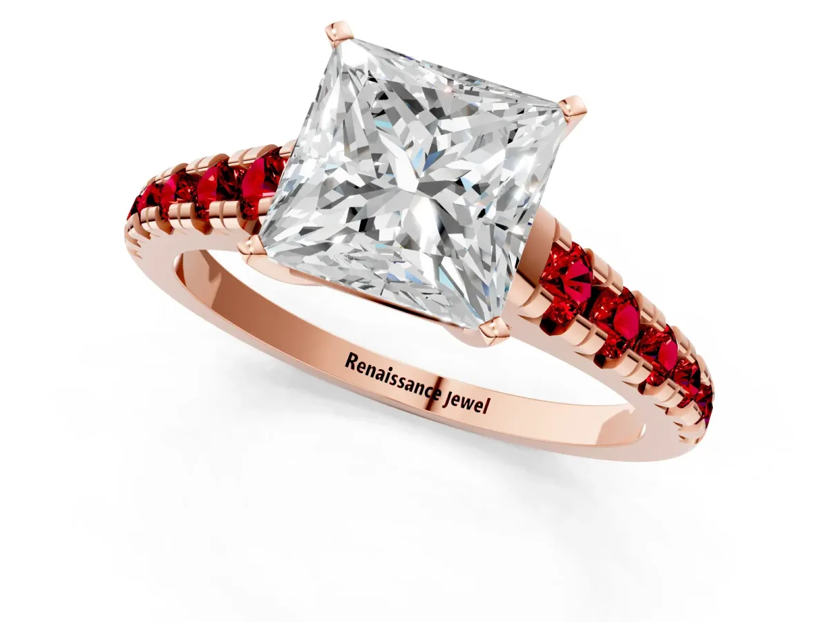 Princess Cut Diamond Cathedral Solitaire Ring with Round Ruby Pavé Band Rose gold