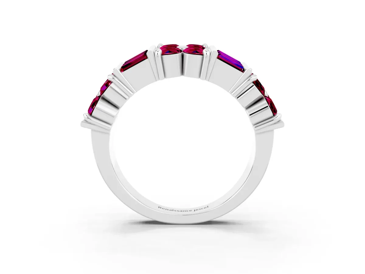 Channel Set Round and Baguette Garnet Anniversary Band with Prong Setting Platinum