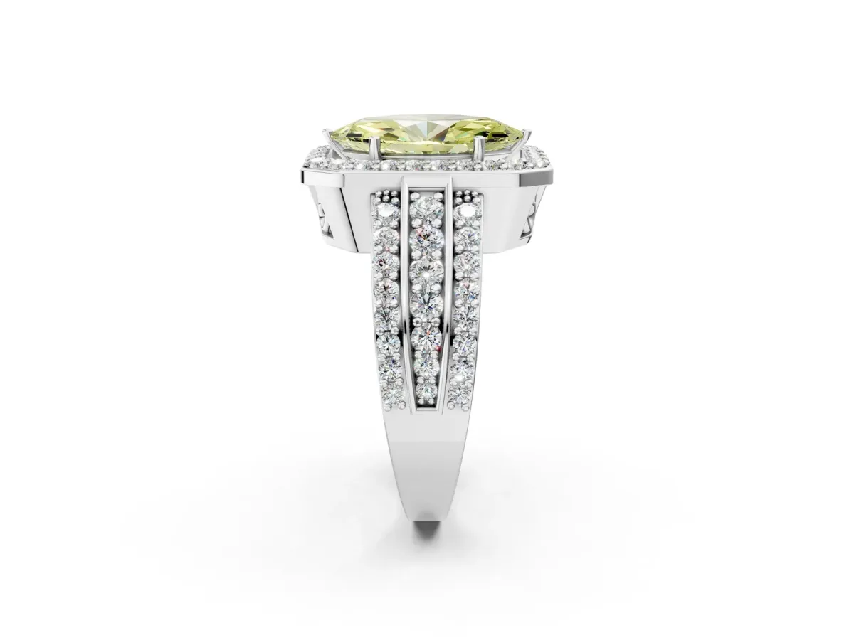Fancy Yellow Marquise Cut Halo Diamond Ring with Round Split Shank and Prong Setting White gold
