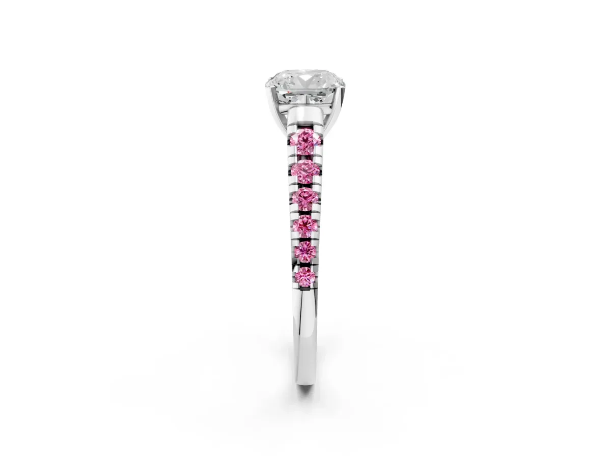 Cushion Cut Diamond Cathedral Solitaire Ring with Round Pink Sapphire Pavé Band Silver