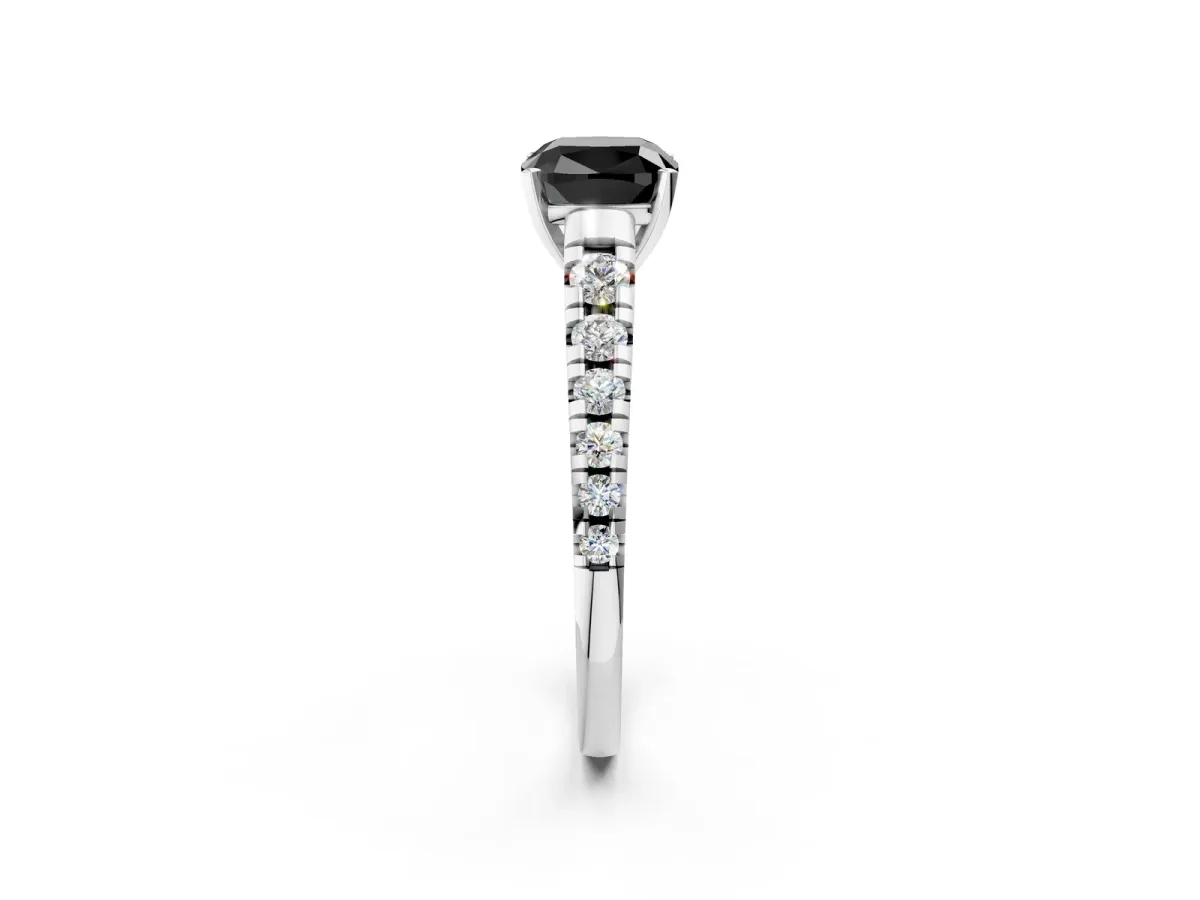 Fancy Black Cushion Cut Diamond Cathedral Solitaire Ring with Round Pavé Band Platinum