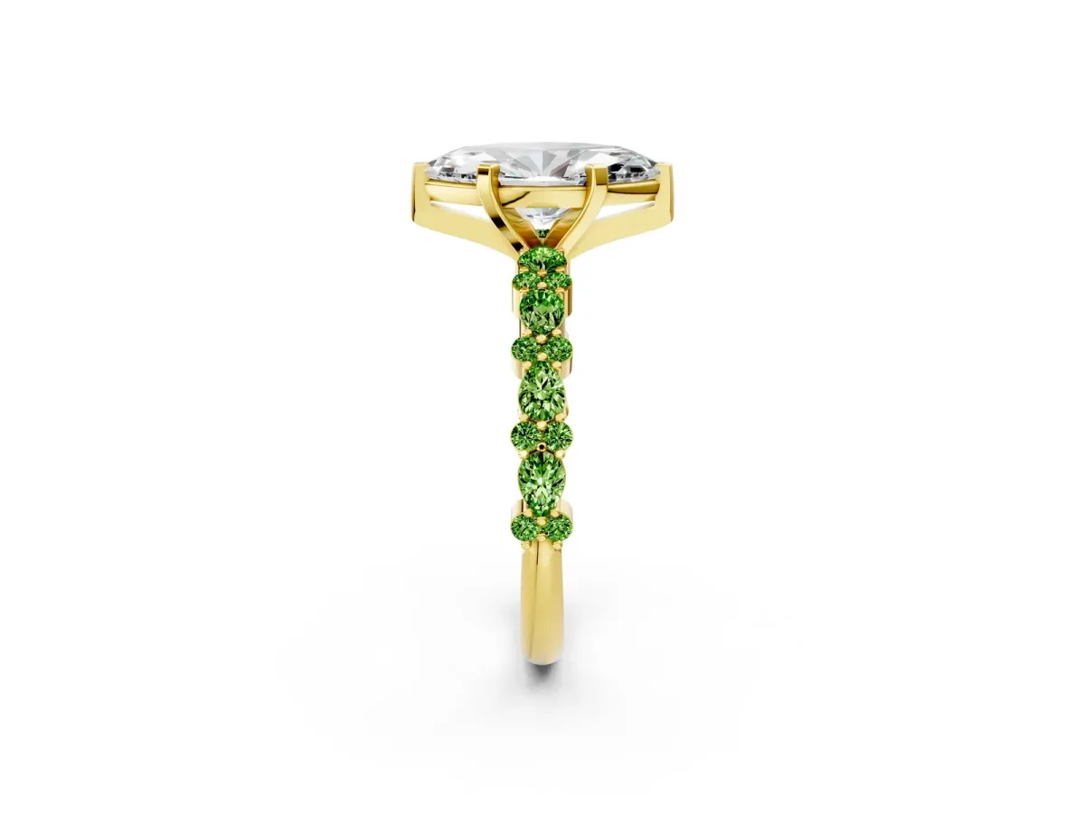 Marquise Cut Diamond Side Stone Solitaire Ring with Round Peridot and Four-Prong Setting Yellow gold