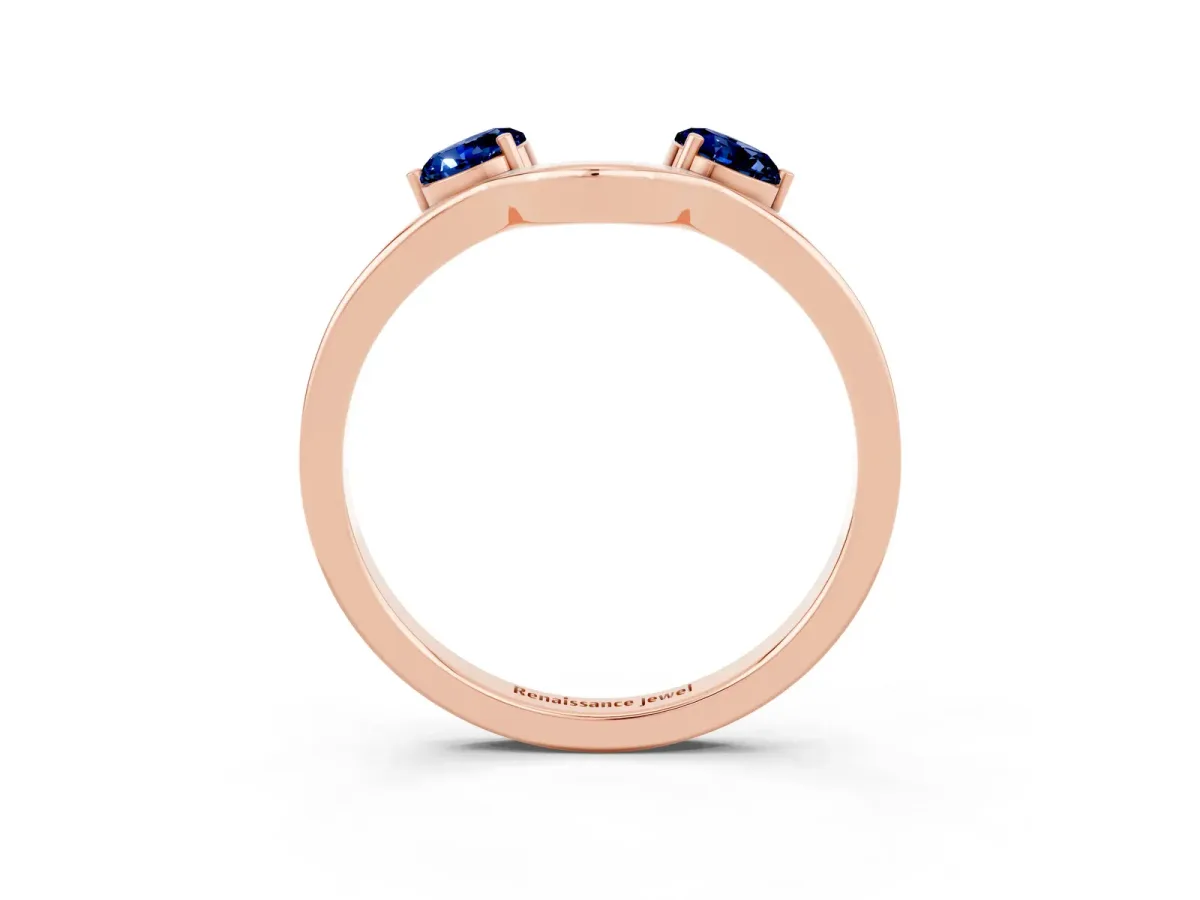 Dual Round Blue Sapphire Open Band Ring with Prong Setting Rose gold