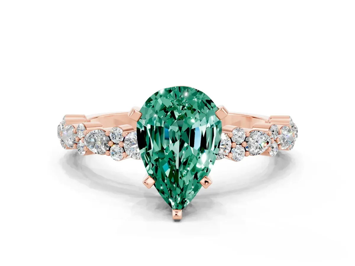 Pear Cut Green Sapphire Side Stone Solitaire Ring with Round and Four-Prong Setting Rose gold