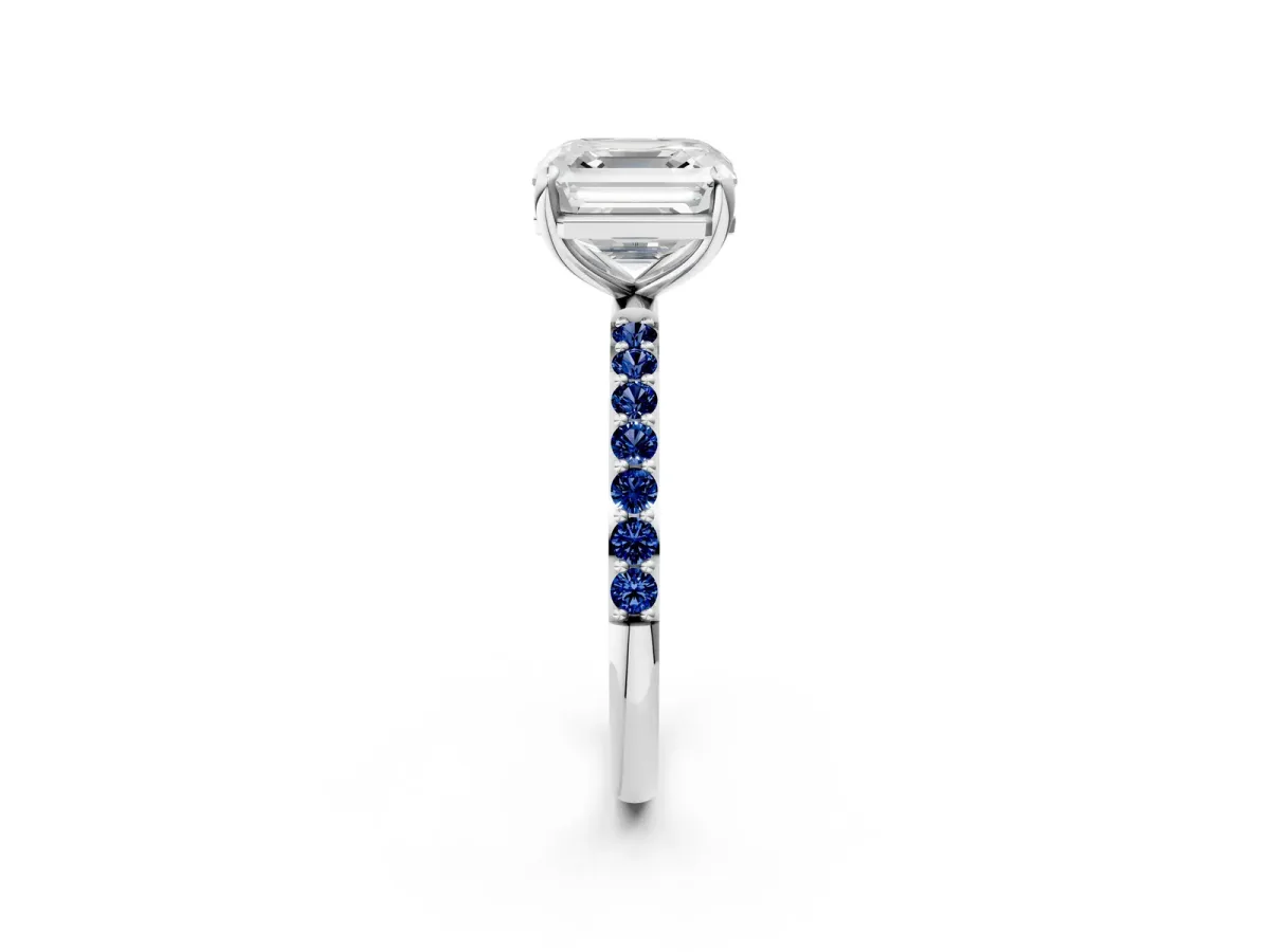 Asscher Cut Diamond Solitaire Ring with Round Blue Sapphire Pavé Band and Prong Setting Silver