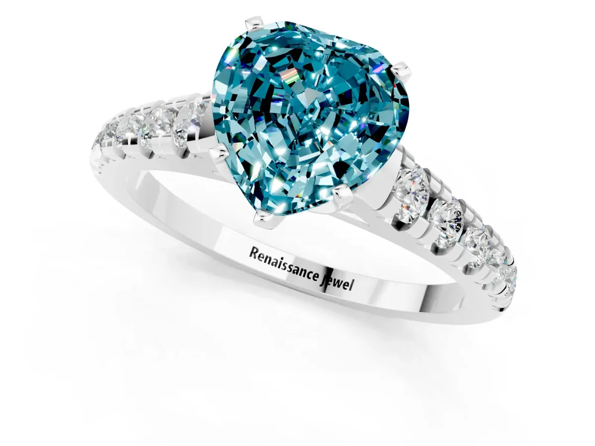 Heart Cut Blue Topaz Cathedral Solitaire Ring with Round Pavé Band Platinum