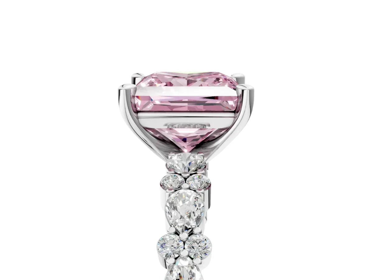 Fancy Pink Princess Cut Diamond Side Stone Solitaire Ring with Round and Four-Prong Setting Platinum