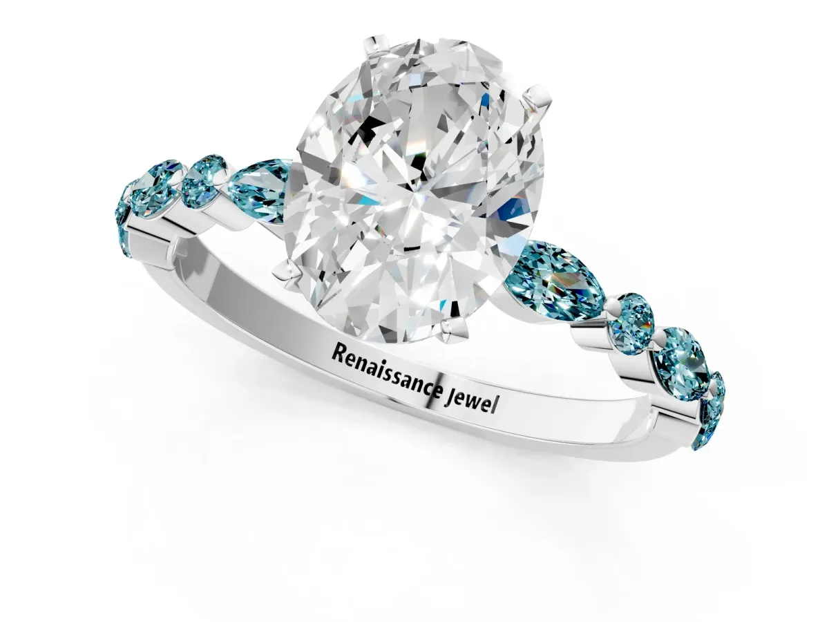 Oval Cut Diamond Ring with Marquise and Round Blue Topaz Side Stones and Four-Prong Setting Silver