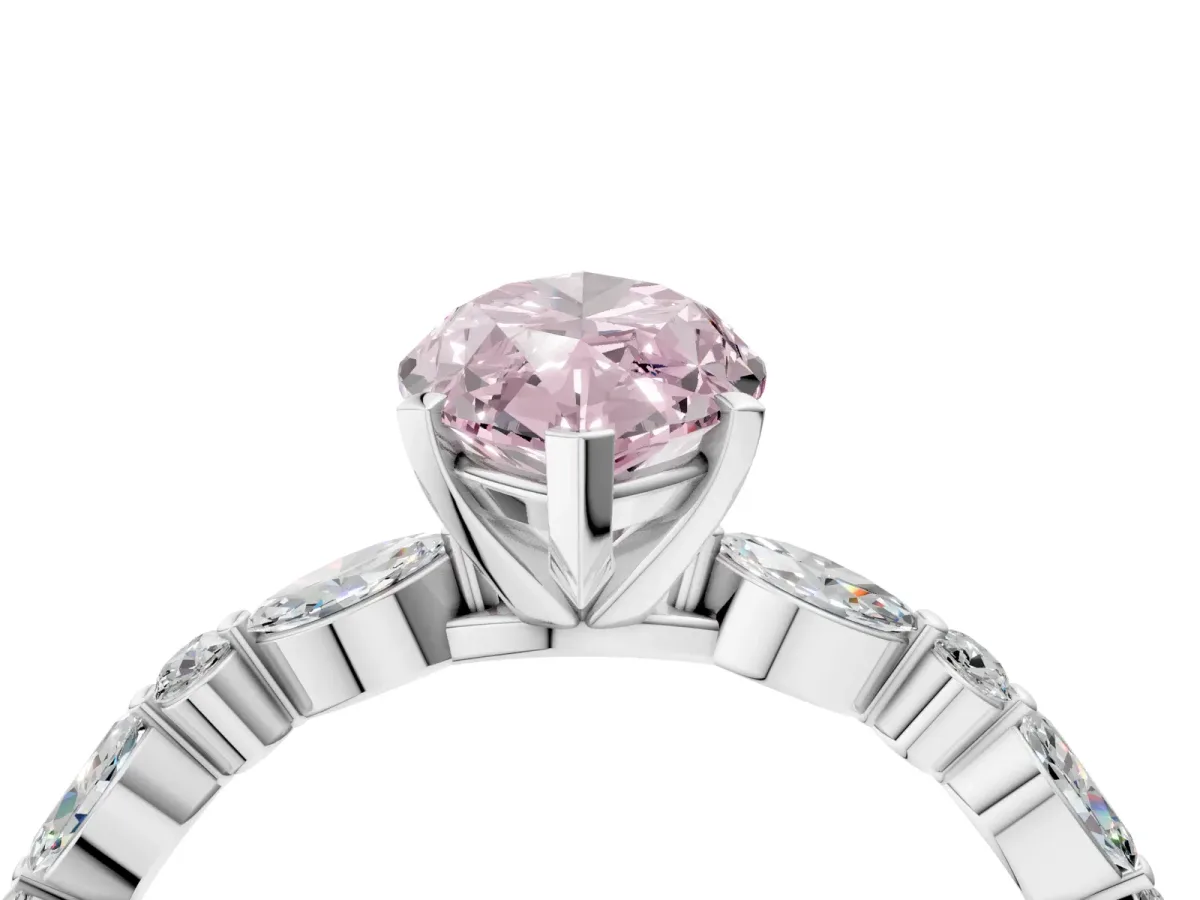 Fancy Pink Marquise Cut Diamond Ring with Marquise and Round Side Stones and Four-Prong Setting Silver