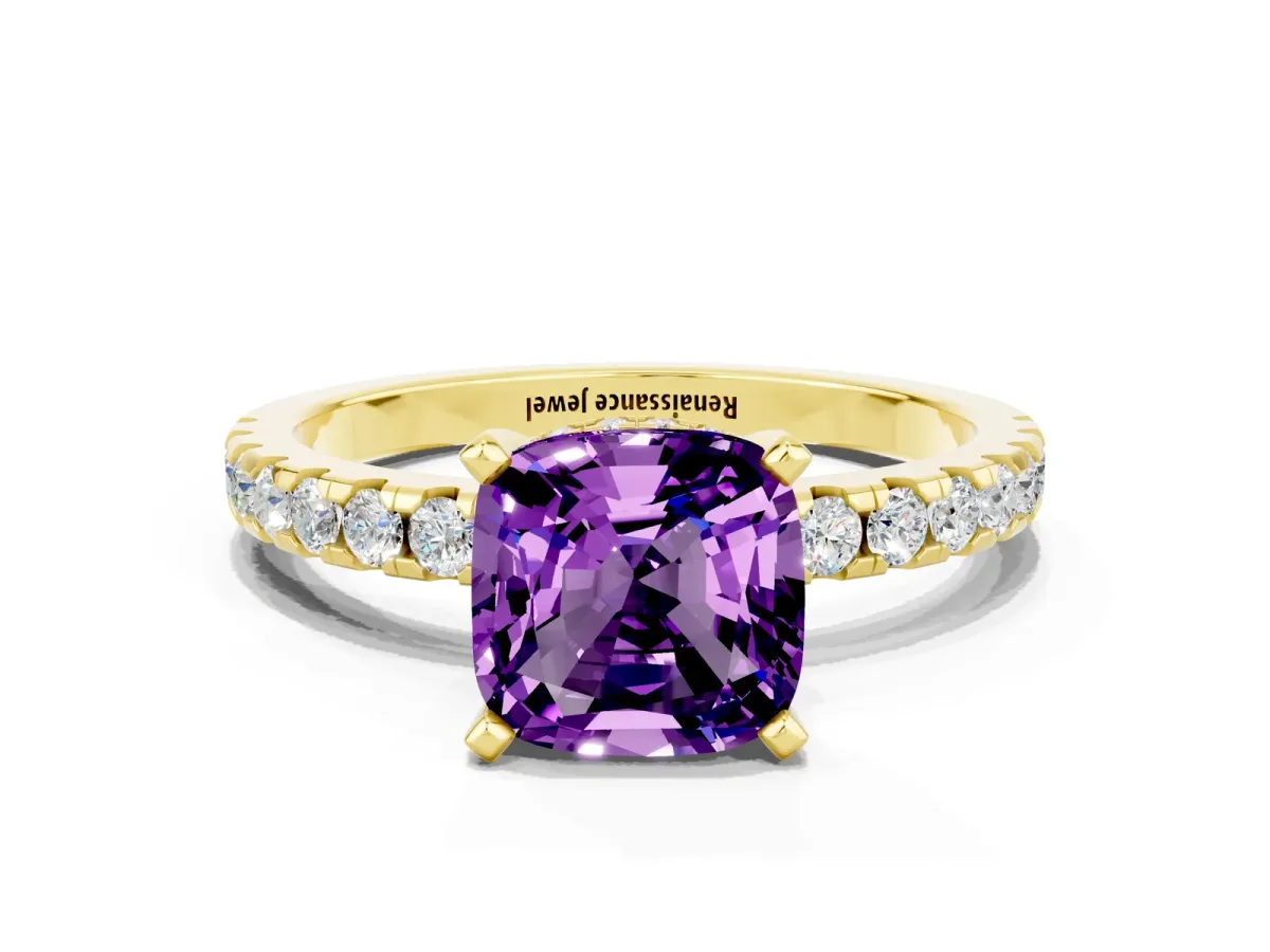 Cushion Cut Amethyst Solitaire Ring with Round Pavé Band and Four-Prong Setting Yellow gold
