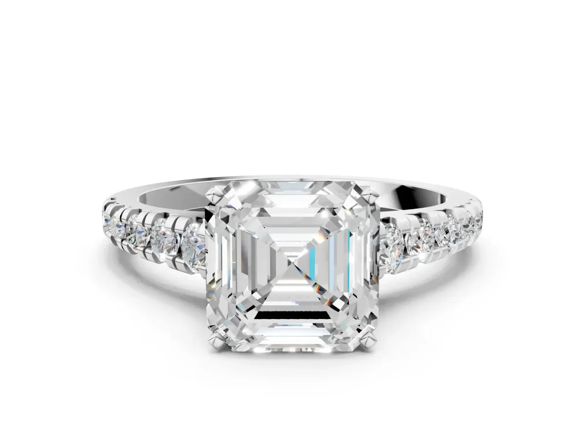 Asscher Cut Diamond Cathedral Solitaire Ring with Round Moissanite Pavé Band Platinum