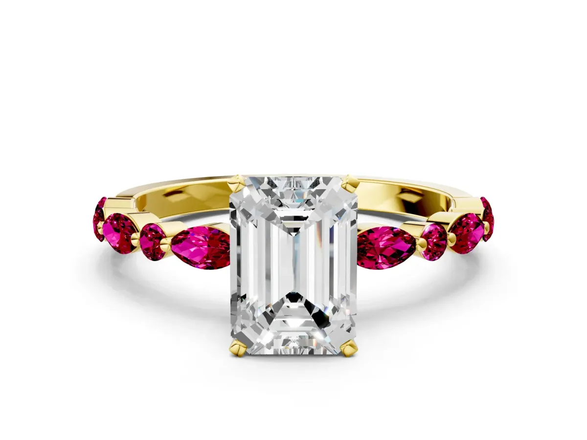 Emerald Cut Diamond Ring with Marquise and Round Garnet Side Stones and Four-Prong Setting Yellow gold