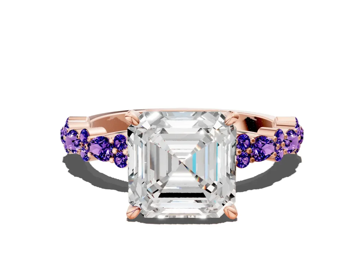 Asscher Cut Diamond Side Stone Solitaire Ring with Round Tanzanite and Four-Prong Setting Rose gold