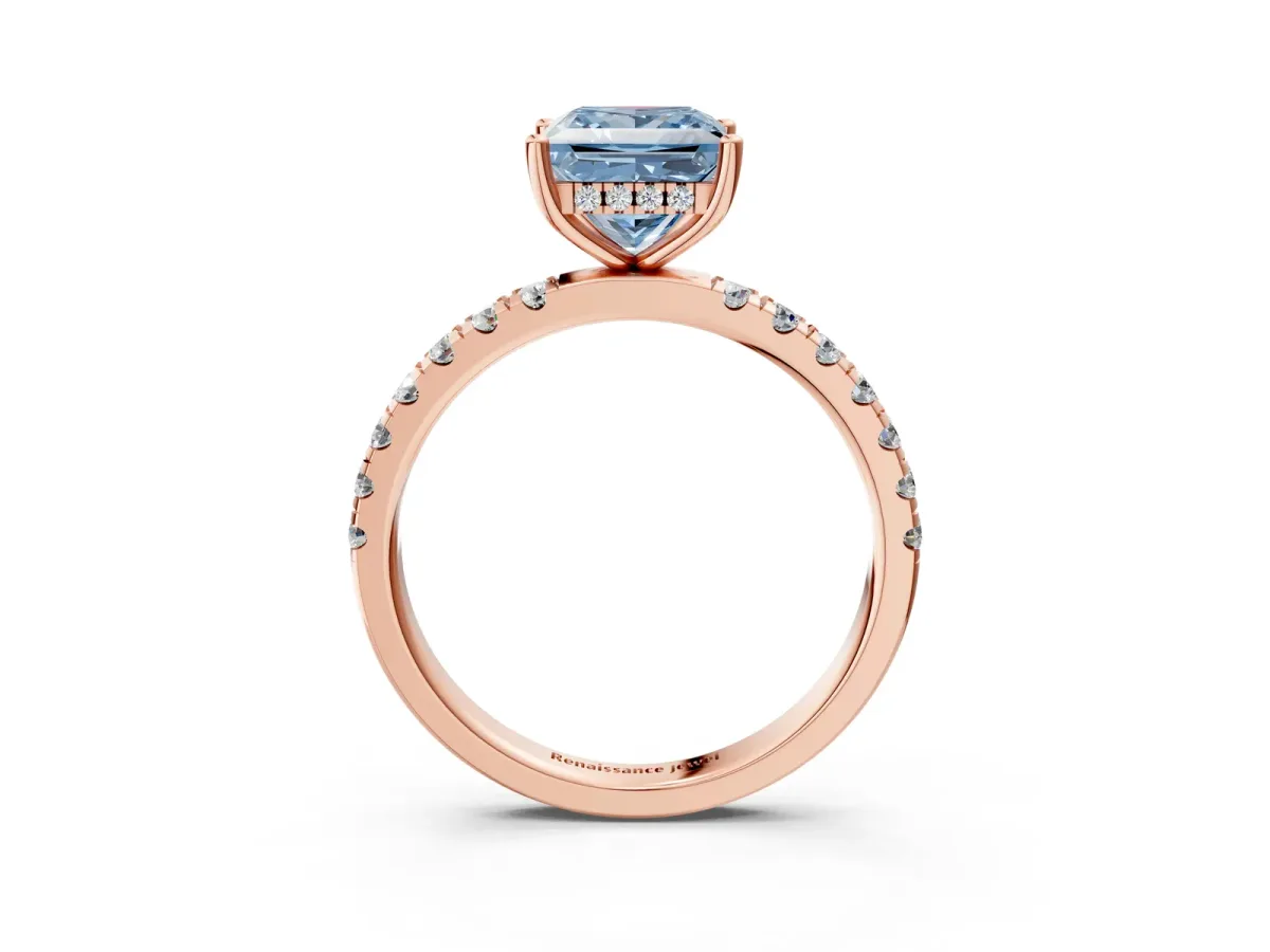 Fancy Blue Princess Cut Diamond Pave Band Solitaire Ring with Round and Prong Setting Rose gold