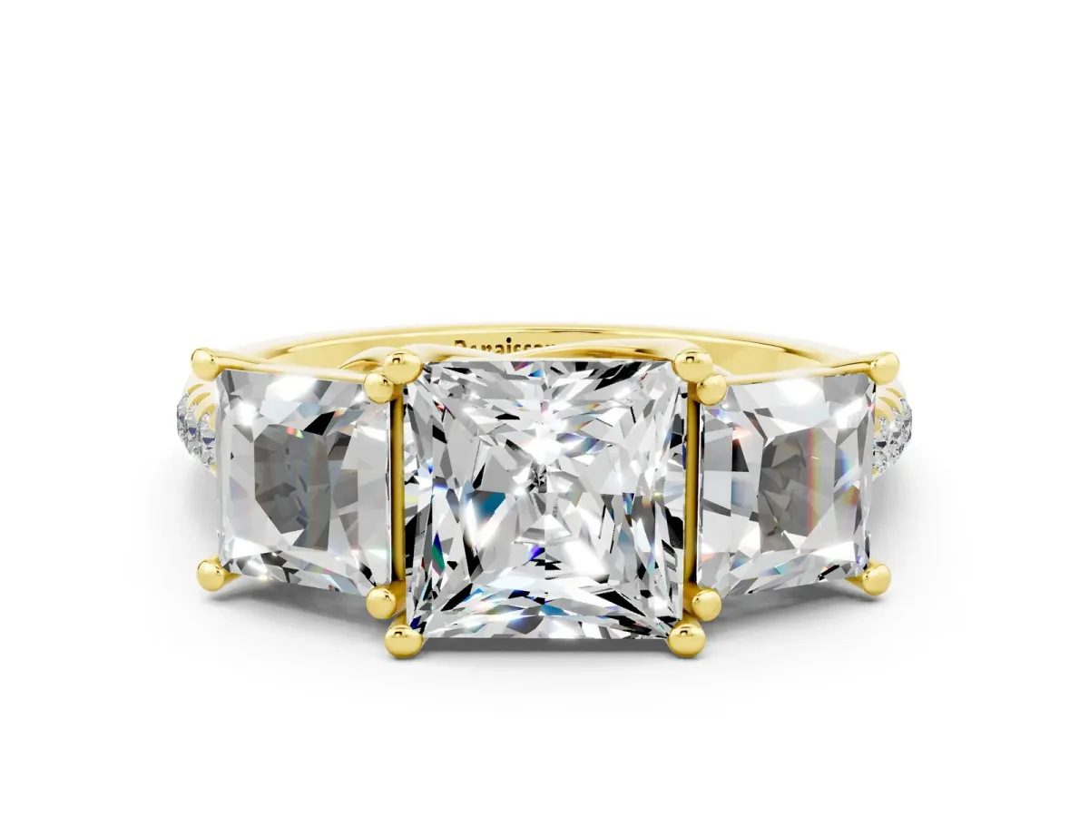 Three-Stone Princess Cut Moissanite Ring with Round Pavé Band and Prong Setting Yellow gold