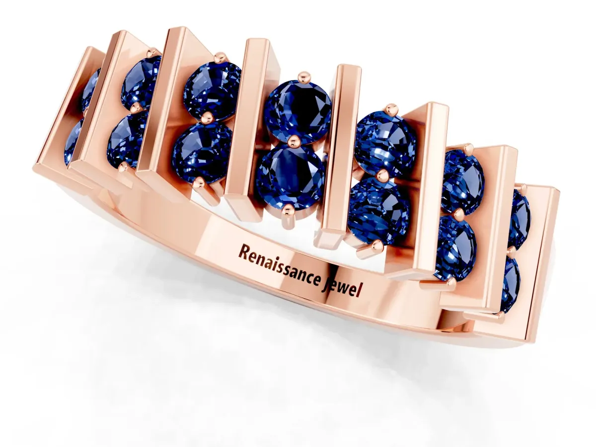 Channel Set Round Blue Sapphire Anniversary Band with Vertical Prongs Rose gold