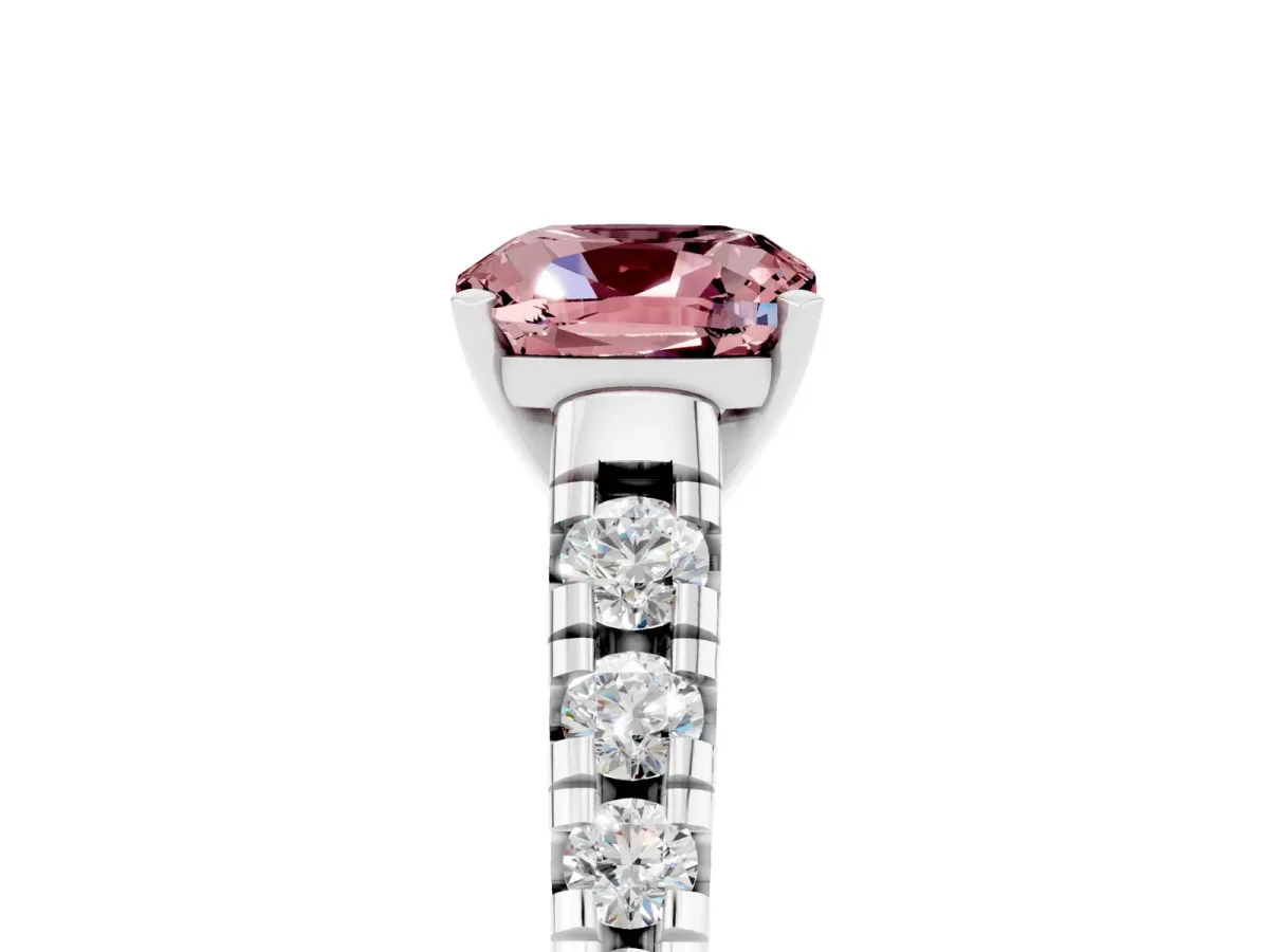 Cushion Cut Morganite Cathedral Solitaire Ring with Round Pavé Band Silver