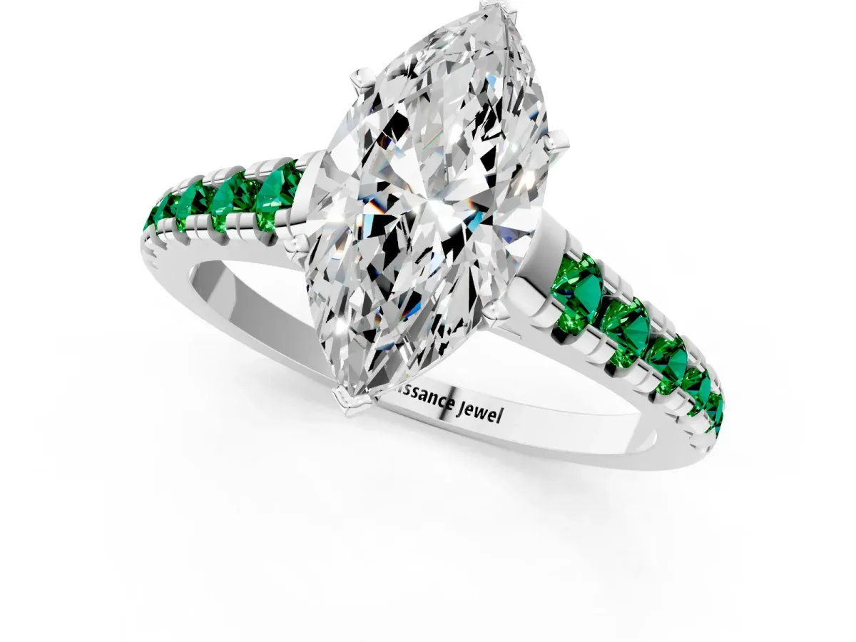 Marquise Cut Diamond Cathedral Solitaire Ring with Round Emerald Pavé Band Silver