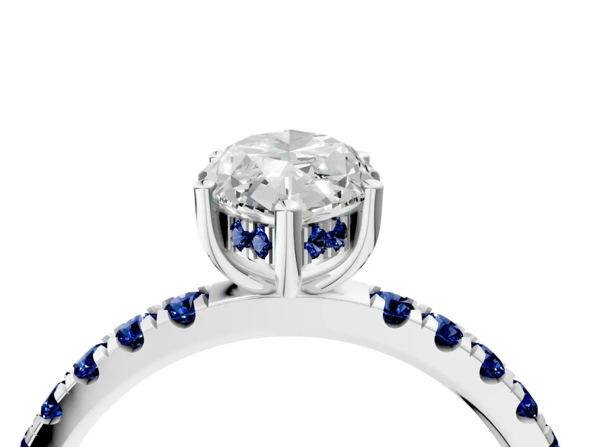 Marquise Cut Diamond Pave Band Solitaire Ring with Round Blue Sapphire and Prong Setting Platinum