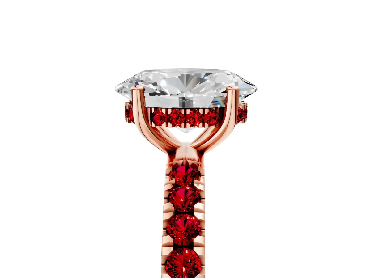 Oval Cut Diamond Pave Band Solitaire Ring with Round Ruby and Prong Setting Rose gold