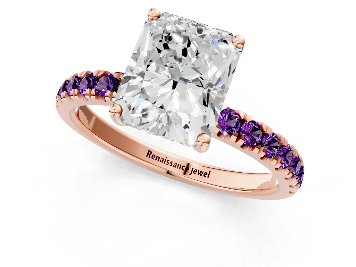 Radiant Cut Diamond Pave Band Solitaire Ring with Round Amethyst and Prong Setting Rose gold