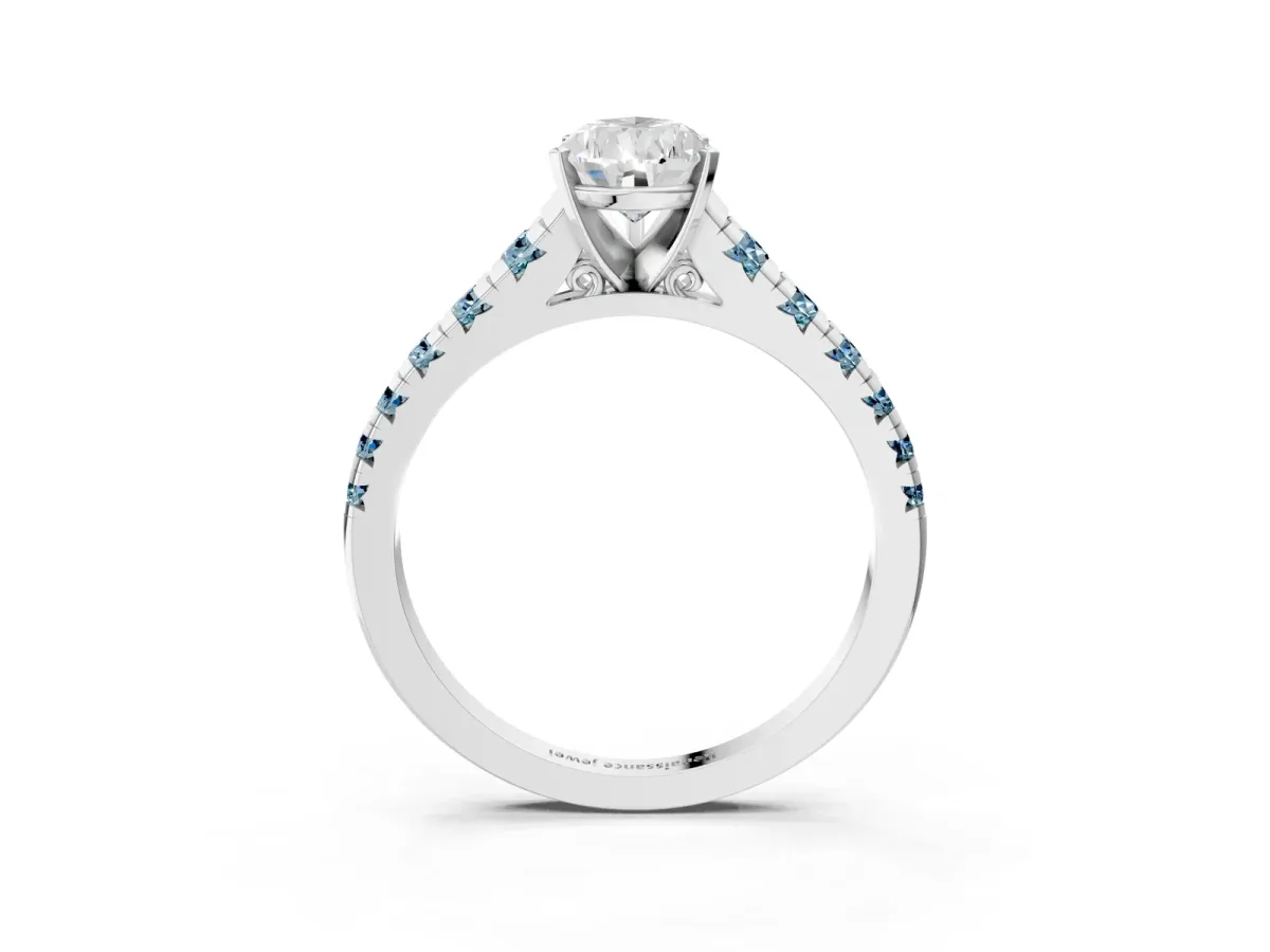 Pear Cut Diamond Cathedral Solitaire Ring with Round Aquamarine Pavé Band Platinum