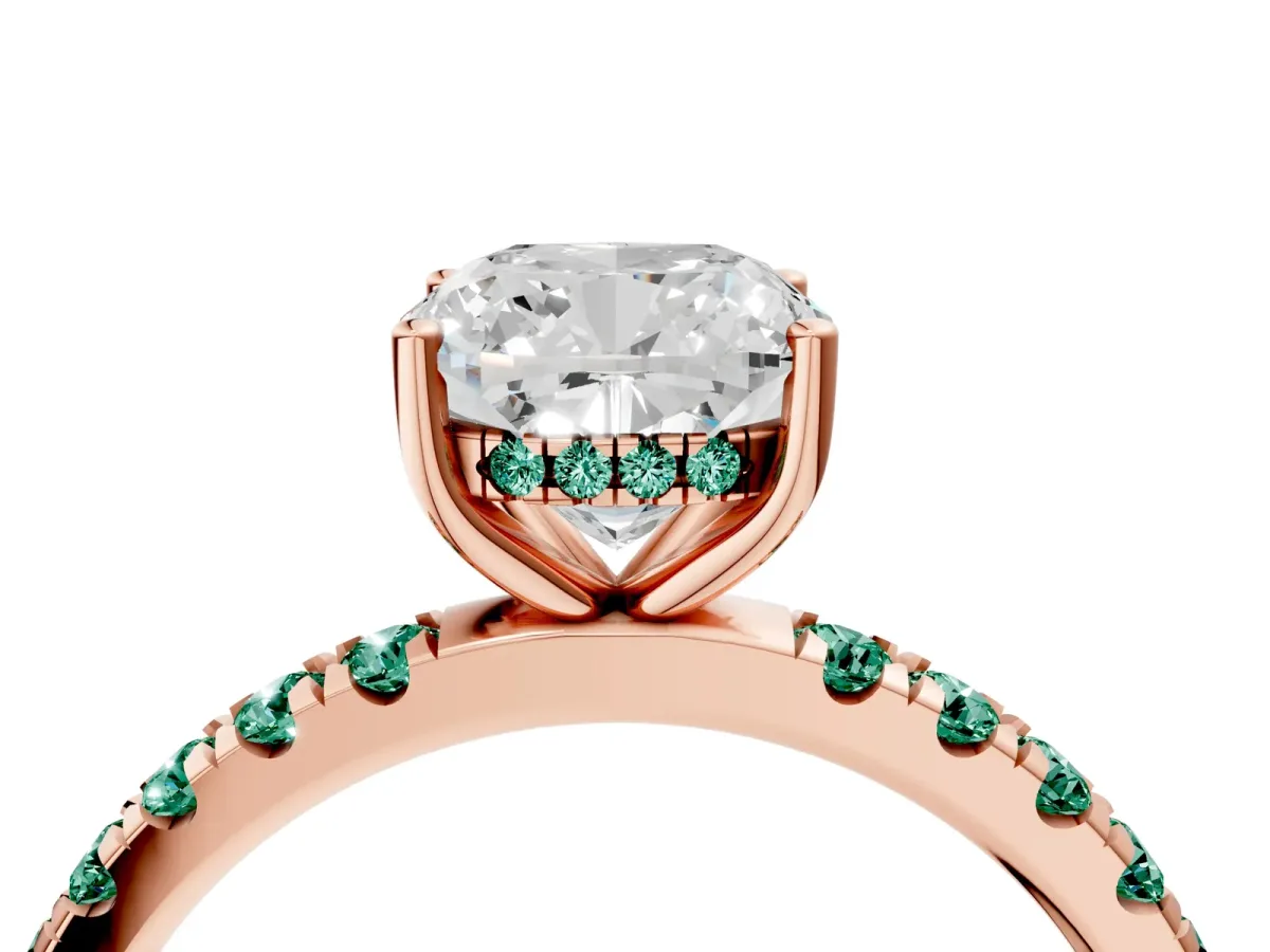 Cushion Cut Diamond Pave Band Solitaire Ring with Round Green Sapphire and Prong Setting Rose gold