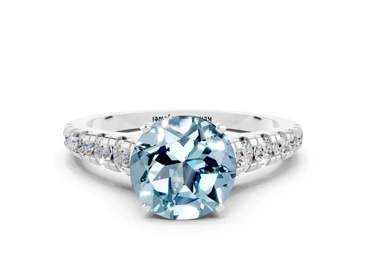 Round Cut Aquamarine Cathedral Solitaire Ring with Round Pavé Band Platinum