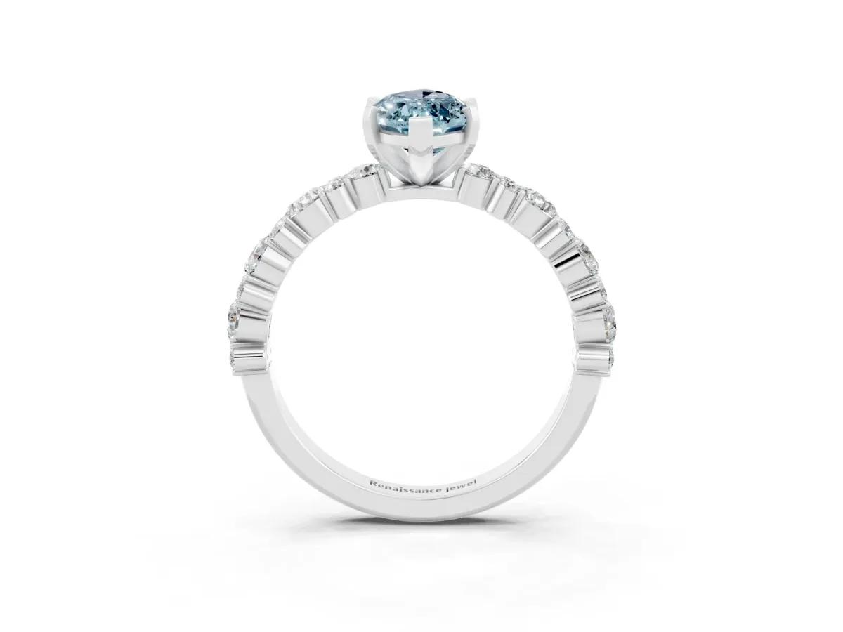Marquise Cut Aquamarine Side Stone Solitaire Ring with Round and Four-Prong Setting Silver