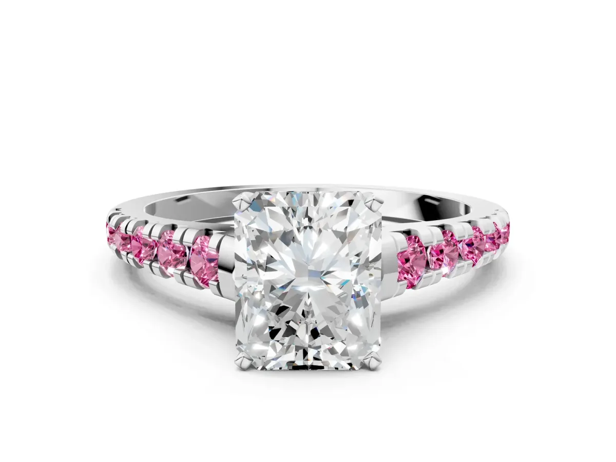 Radiant Cut Diamond Cathedral Solitaire Ring with Round Pink Sapphire Pavé Band Silver
