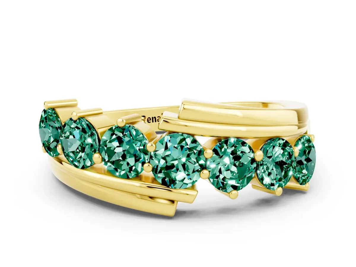 Round Green Sapphire Wave Band with Channel and Shared Prong Setting Yellow gold