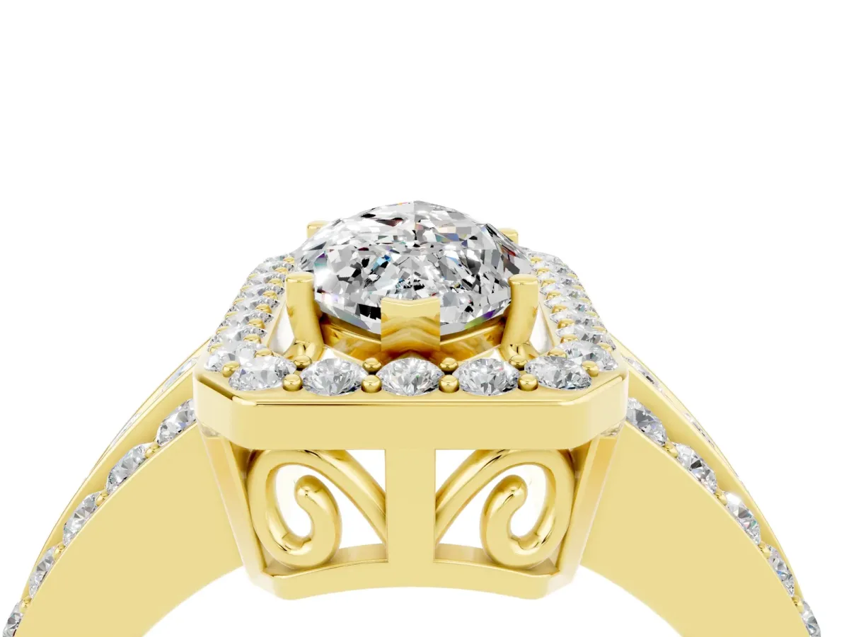 Marquise Cut Halo Moissanite Ring with Round Split Shank and Prong Setting Yellow gold