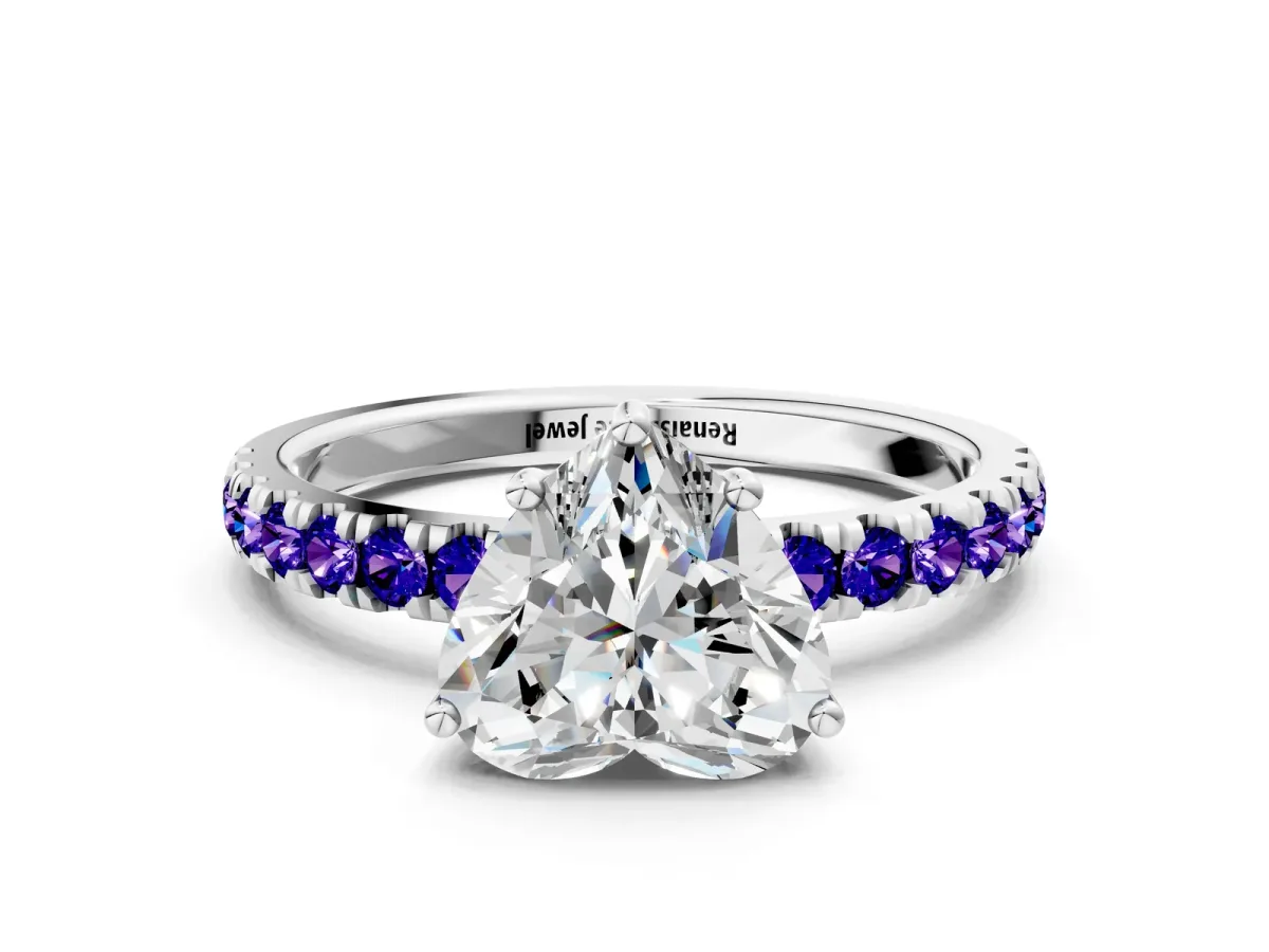 Heart Cut Diamond Pave Band Solitaire Ring with Round Tanzanite and Prong Setting Silver