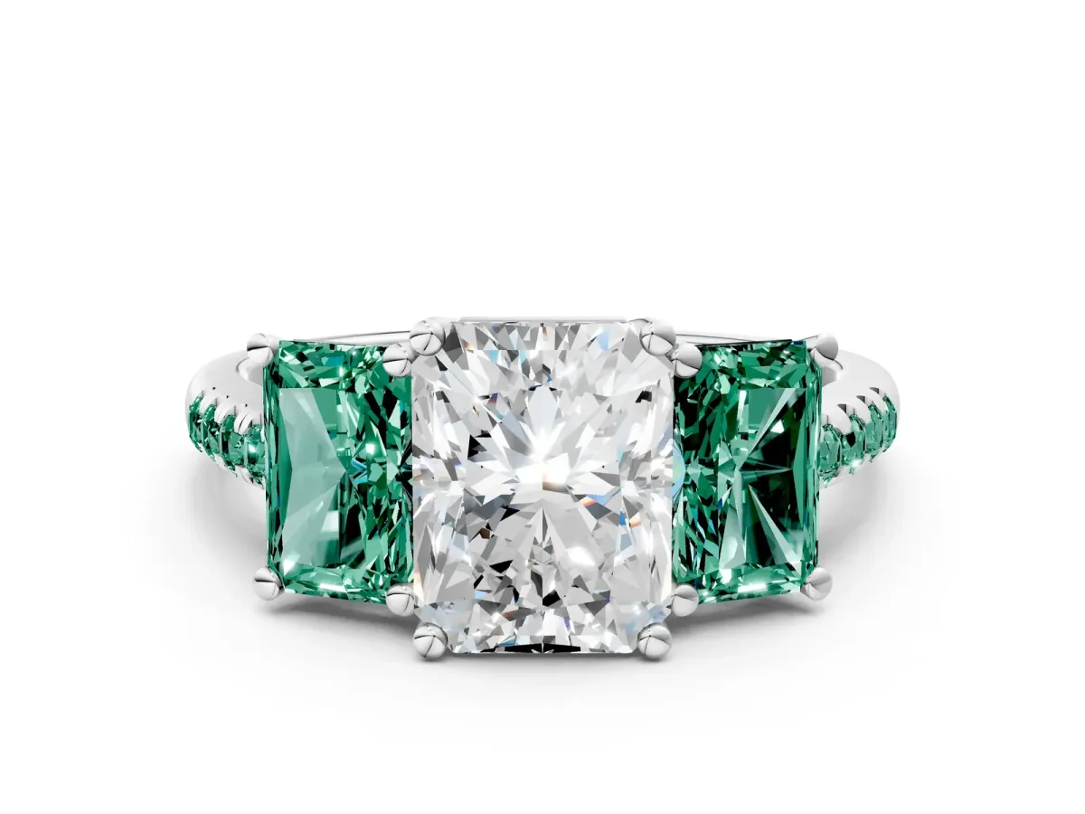 Three-Stone Radiant Cut Diamond Ring with Round Green Sapphire Pavé Band and Prong Setting Platinum