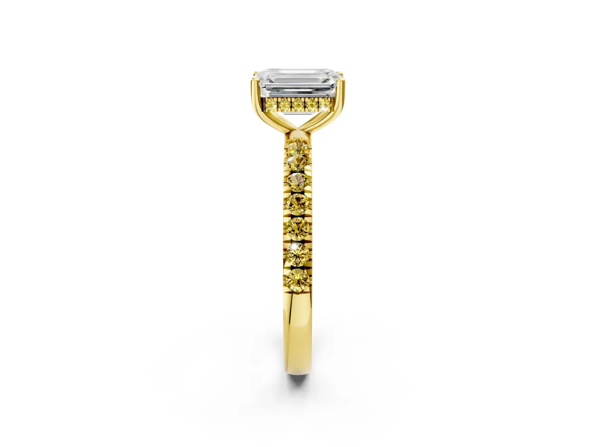 Emerald Cut Diamond Pave Band Solitaire Ring with Round Yellow Sapphire and Prong Setting Yellow gold