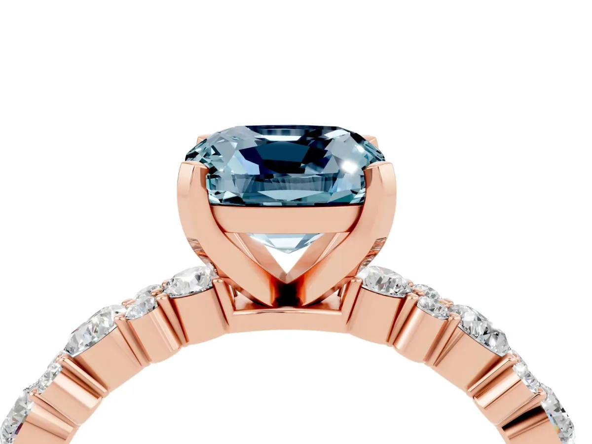 Cushion Cut Aquamarine Side Stone Solitaire Ring with Round and Four-Prong Setting Rose gold