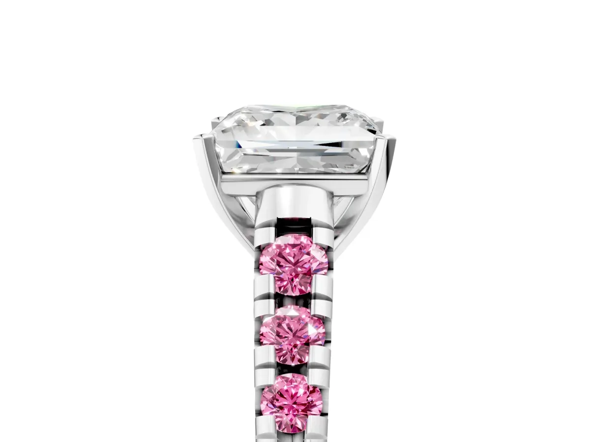 Princess Cut Diamond Cathedral Solitaire Ring with Round Pink Sapphire Pavé Band Silver