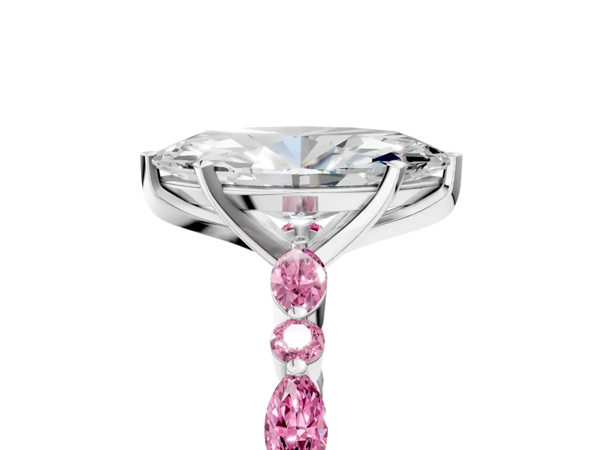 Marquise Cut Diamond Ring with Marquise and Round Pink Sapphire Side Stones and Four-Prong Setting Silver