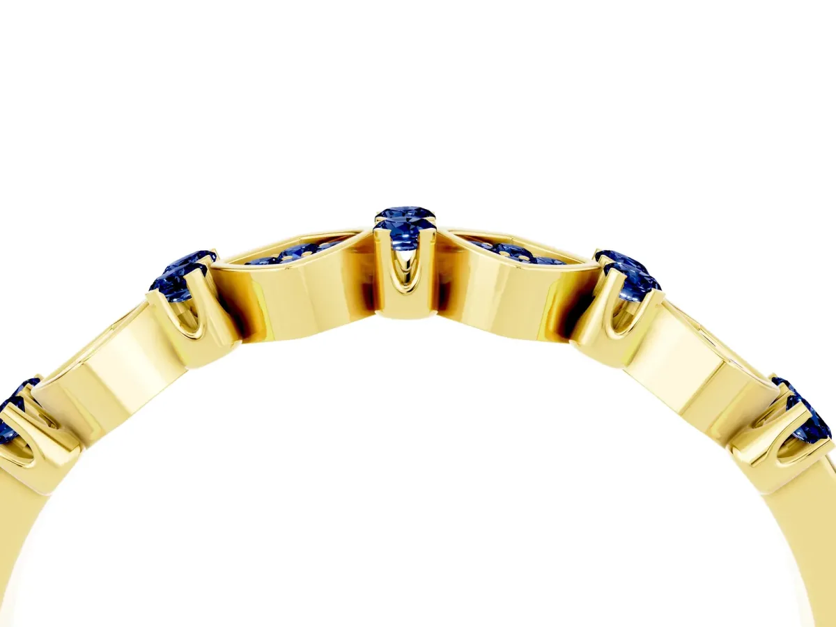 Pavé Cushion Blue Sapphire Cluster Eternity Band with Prong Setting Yellow gold