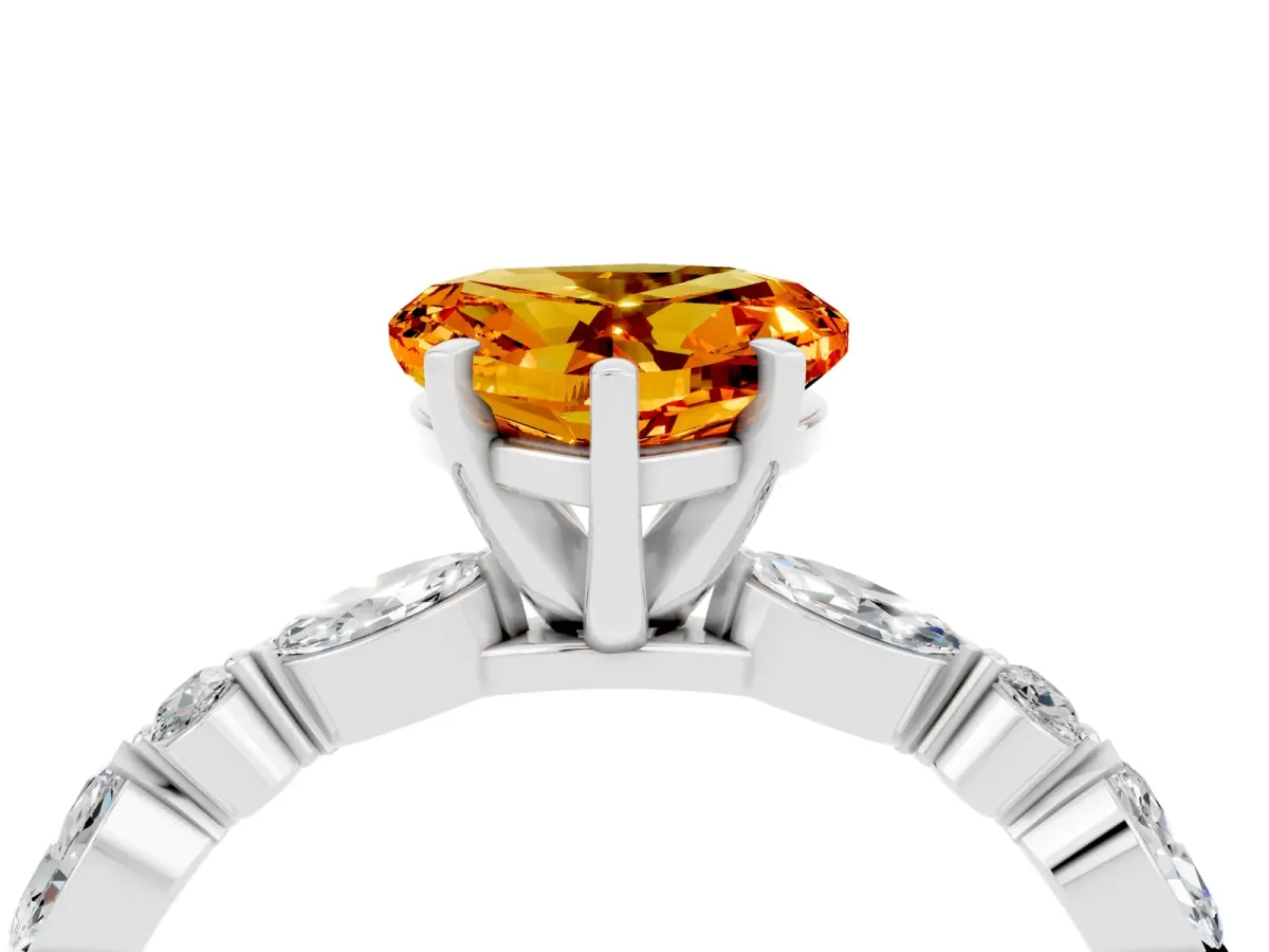 Heart Cut Citrine Ring with Marquise and Round Side Stones and Four-Prong Setting Platinum