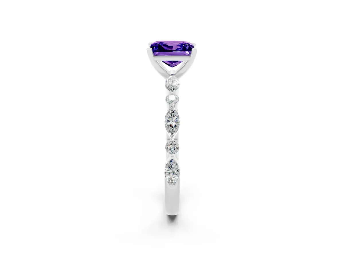 Princess Cut Tanzanite Ring with Marquise and Round Side Stones and Four-Prong Setting Silver