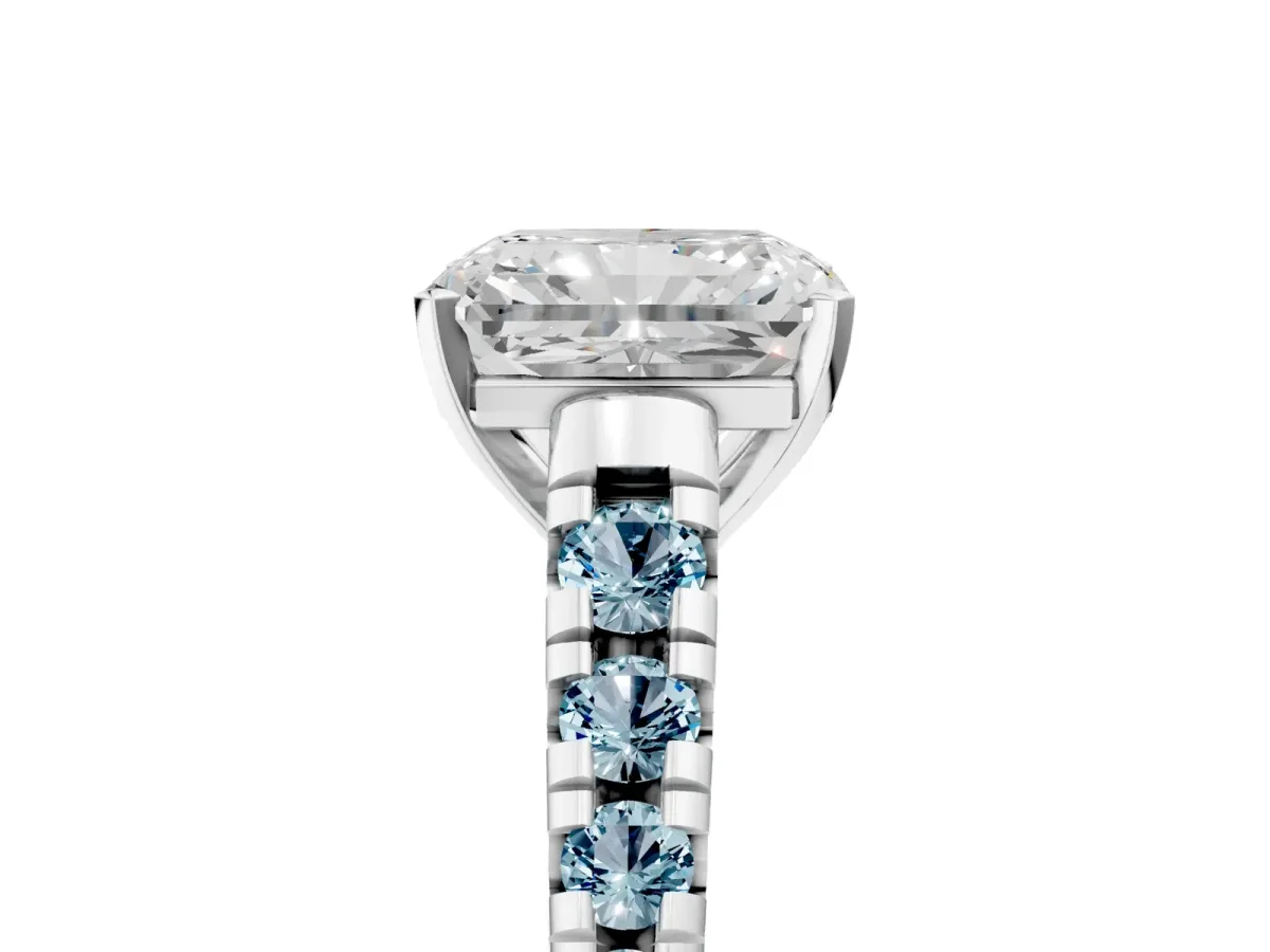 Radiant Cut Diamond Cathedral Solitaire Ring with Round Aquamarine Pavé Band Silver