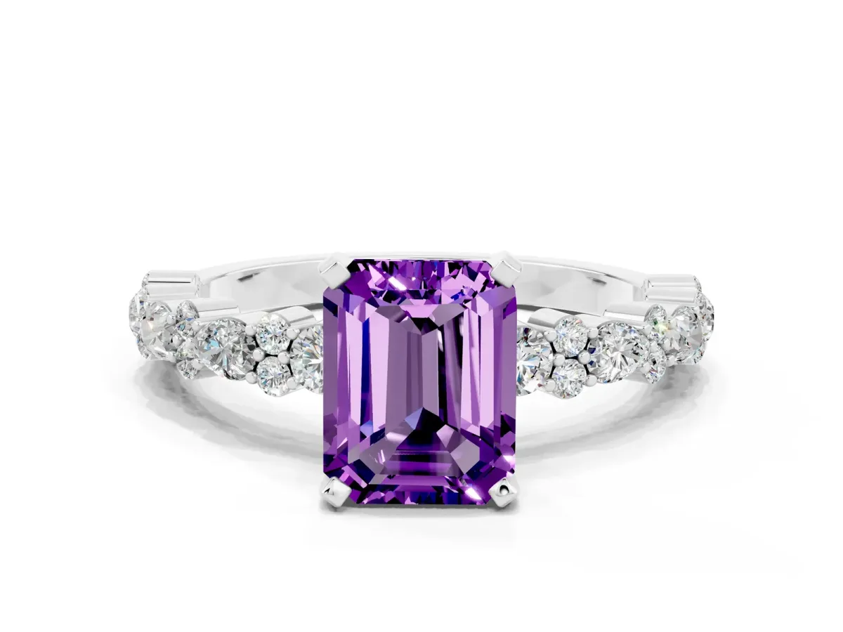 Emerald Cut Amethyst Side Stone Solitaire Ring with Round and Four-Prong Setting White gold