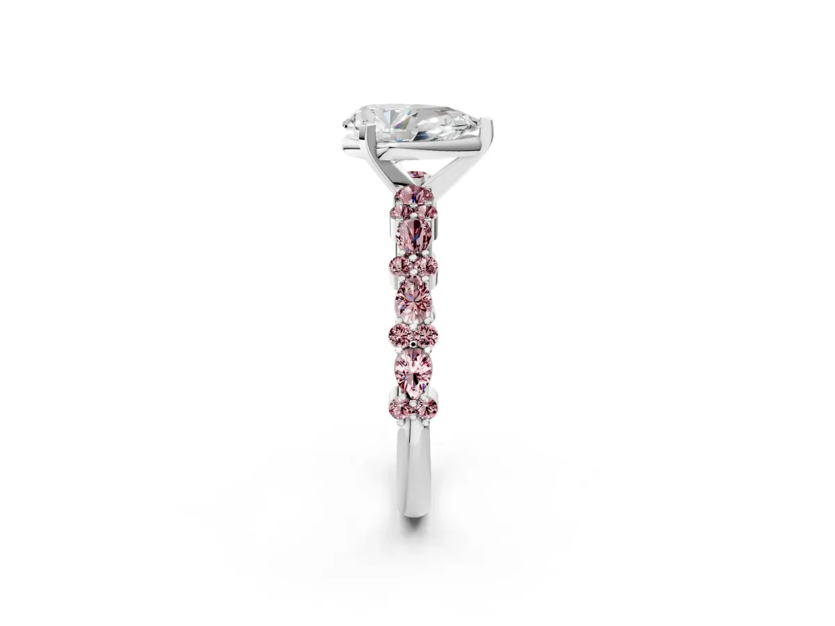 Pear Cut Diamond Side Stone Solitaire Ring with Round Morganite and Four-Prong Setting Platinum