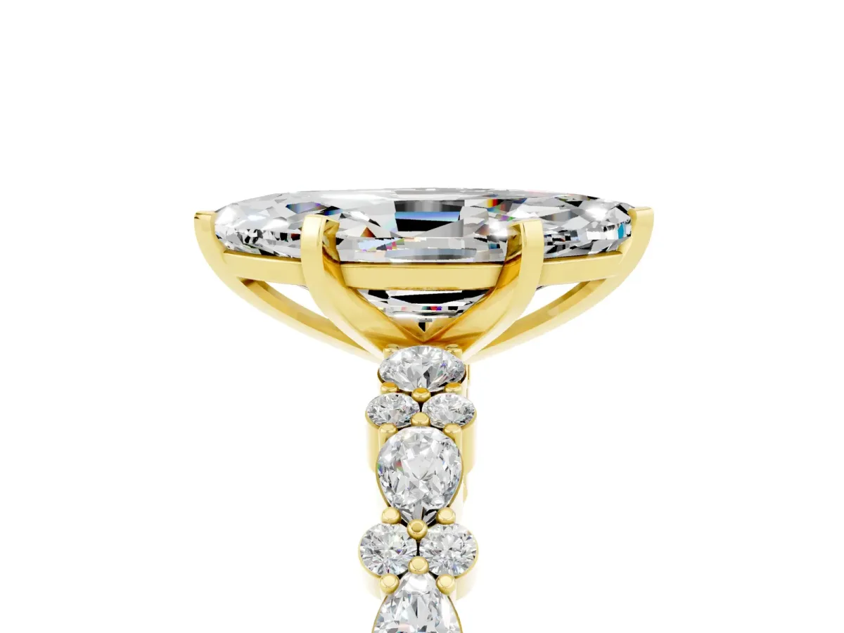 Marquise Cut Moissanite Side Stone Solitaire Ring with Round and Four-Prong Setting Yellow gold