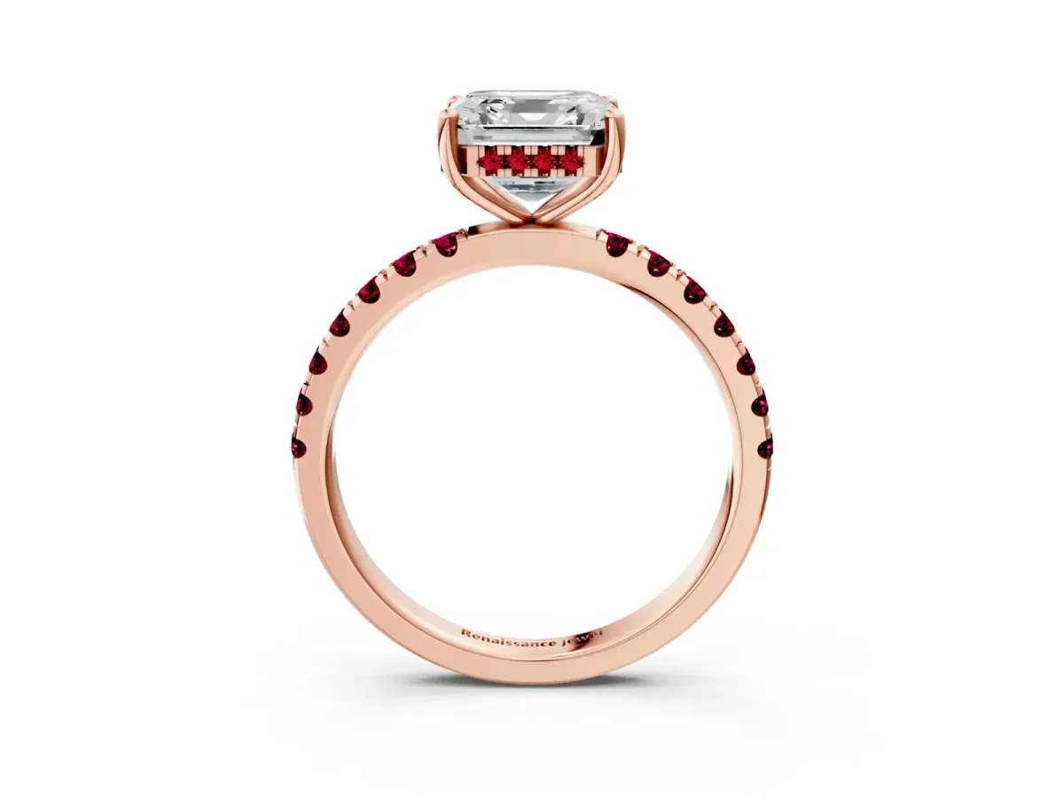 Asscher Cut Diamond Pave Band Solitaire Ring with Round Garnet and Prong Setting Rose gold
