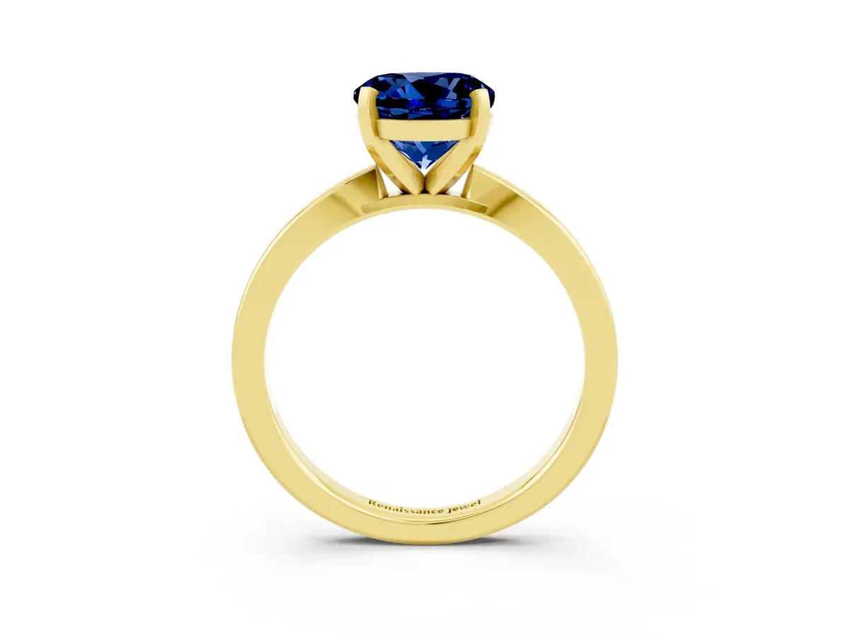 Round Cut Blue Sapphire Solitaire Engagement Ring with Classic Band and Four-Prong Setting Yellow gold
