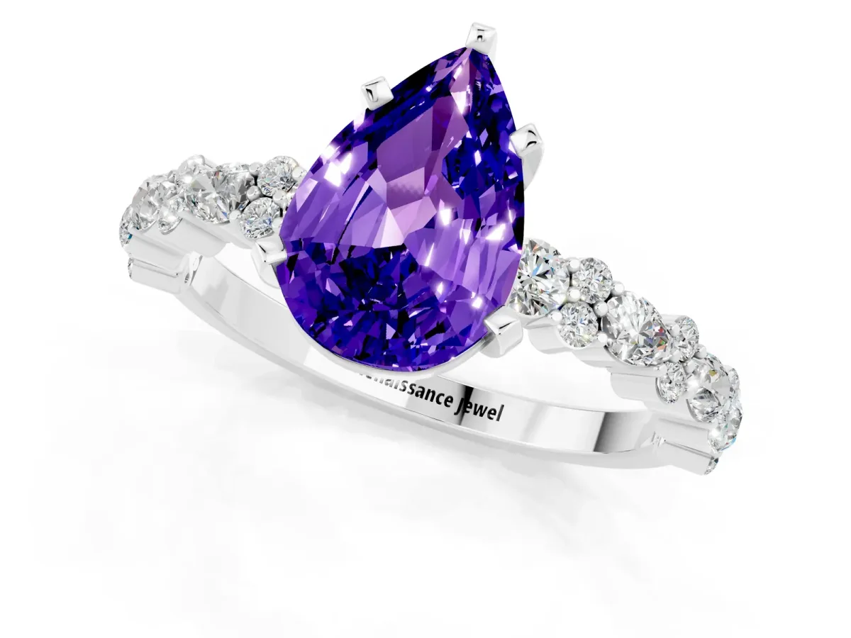 Pear Cut Tanzanite Side Stone Solitaire Ring with Round and Four-Prong Setting Silver